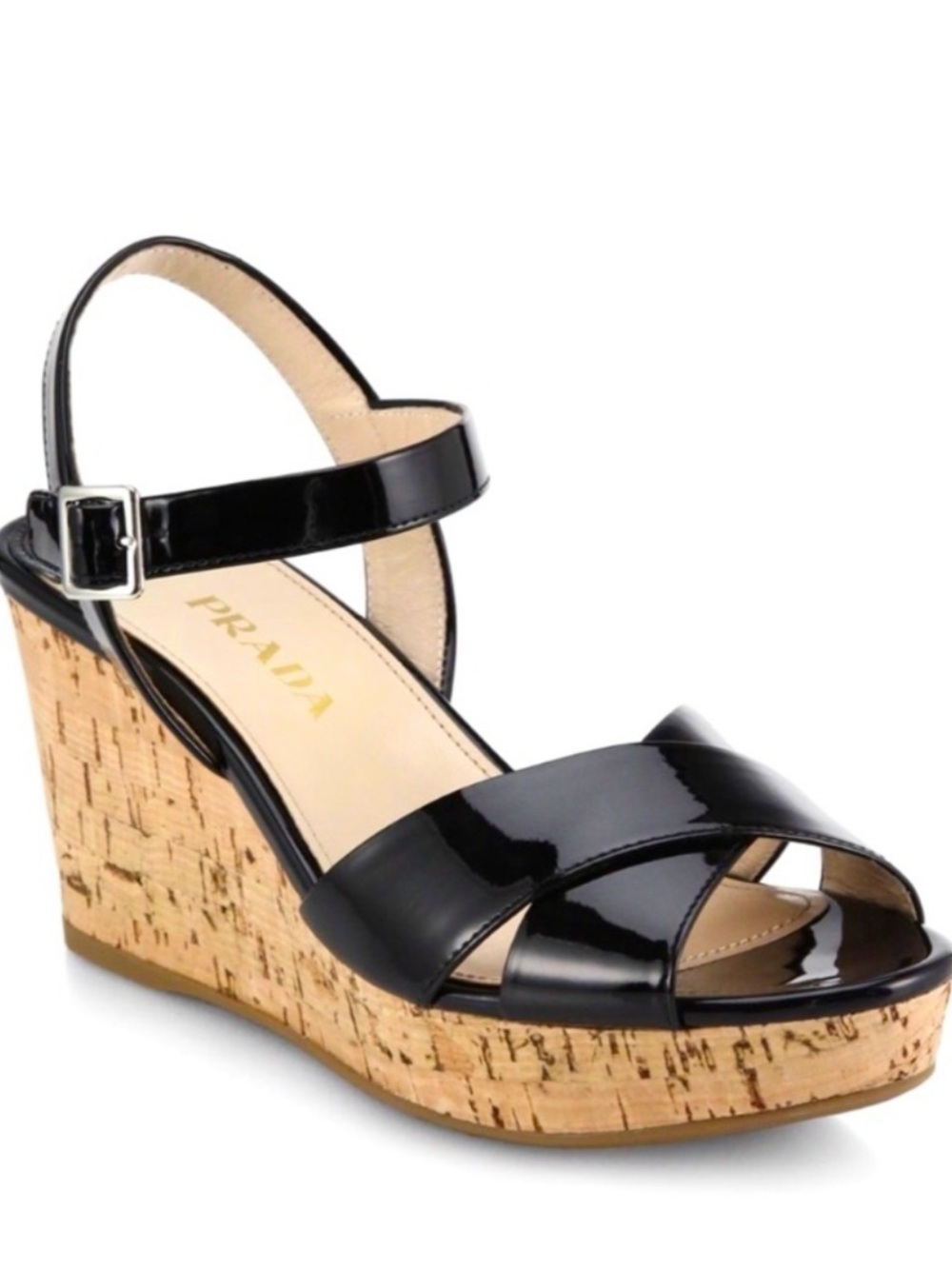 Prada Black Patent Leather Cork Wedge Sandals with Ankle Strap